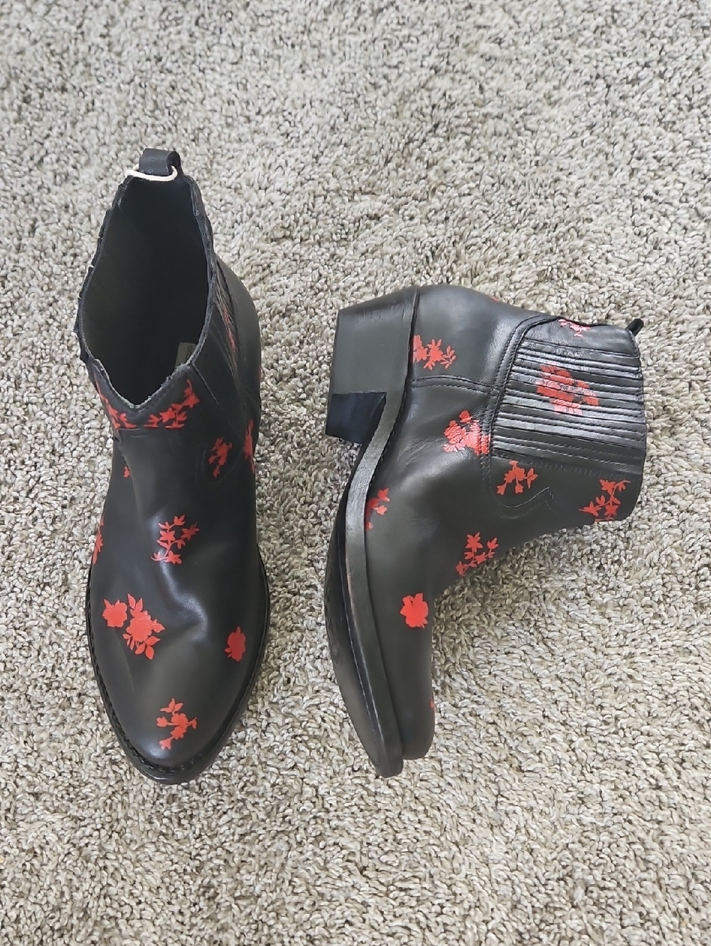 Golden Goose Black Italian Leather Red Floral Ankle Boots 36